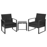 Conjunto de Móveis de Jardim de Vime 1 Mesa 2 Sofás c/ Almofada Acolchoada Preto